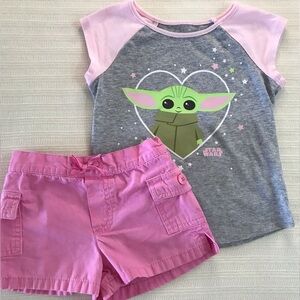 Pink and Gray Baby Yoda T-Shirt and Pink Cargo Shorts Outfit Size 2T